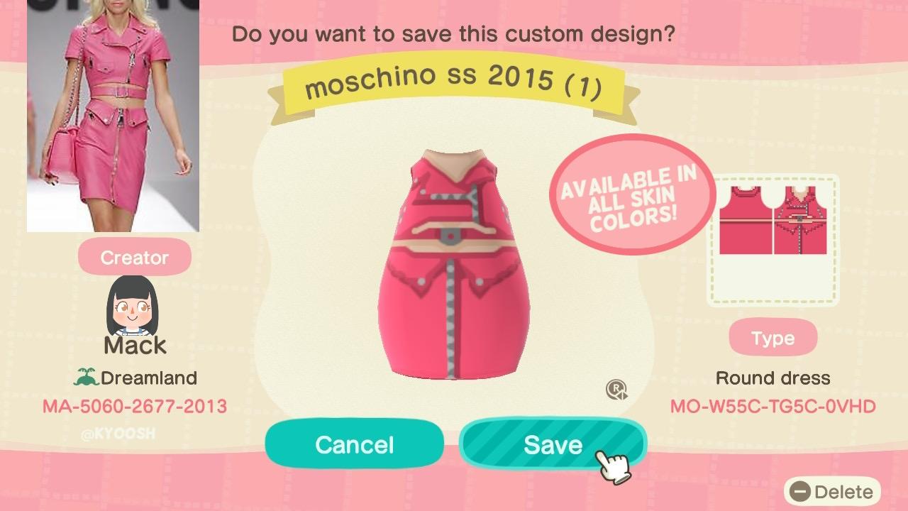 Animal Crossing Design Code: MO-W55C-TG5C-0VHD Moschino SS 2015