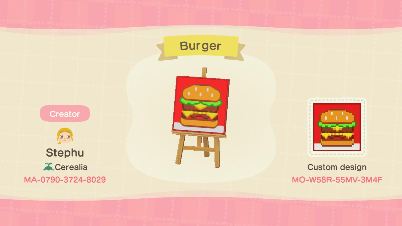 Animal Crossing Design Code: MO-W58R-55MV-3M4F Burger