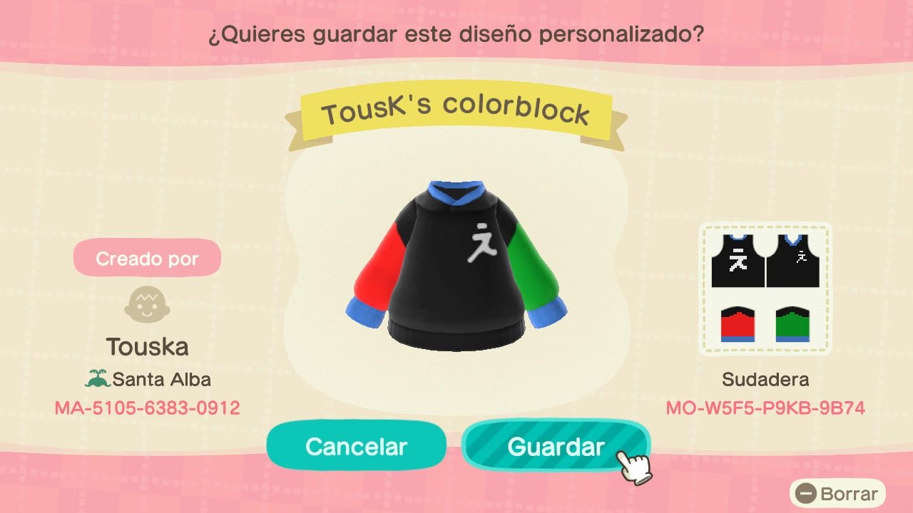 Animal Crossing Design Code: MO-W5F5-P9KB-9B74 TousK colorblock