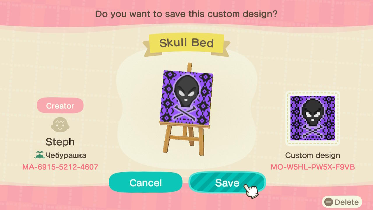 Animal Crossing Design Code: MO-W5HL-PW5X-F9VB Skull Bed