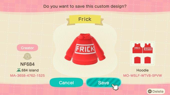 Animal Crossing Design Code: MO-W5LF-WTV8-5PVW Frick