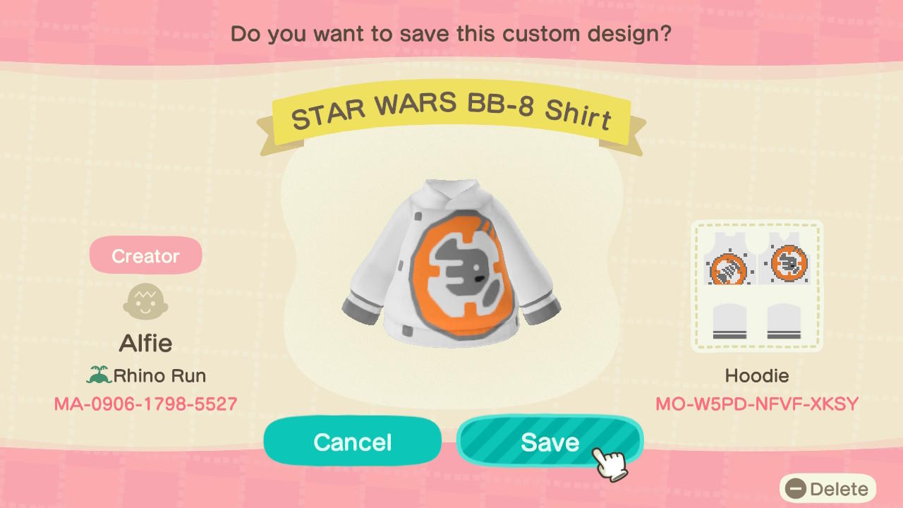 Animal Crossing Design Code: MO-W5PD-NFVF-XKSY STAR WARS BB-8 Shirt