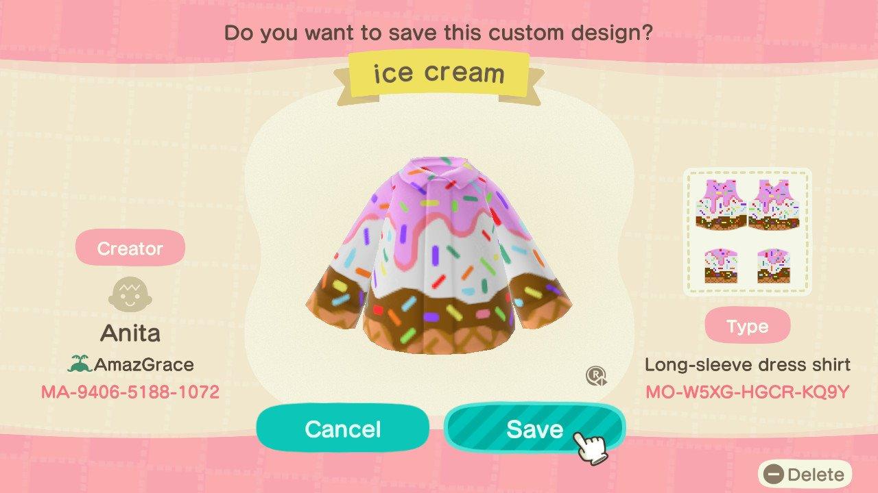 Animal Crossing Design Code: MO-W5XG-HGCR-KQ9Y Ice cream shirt