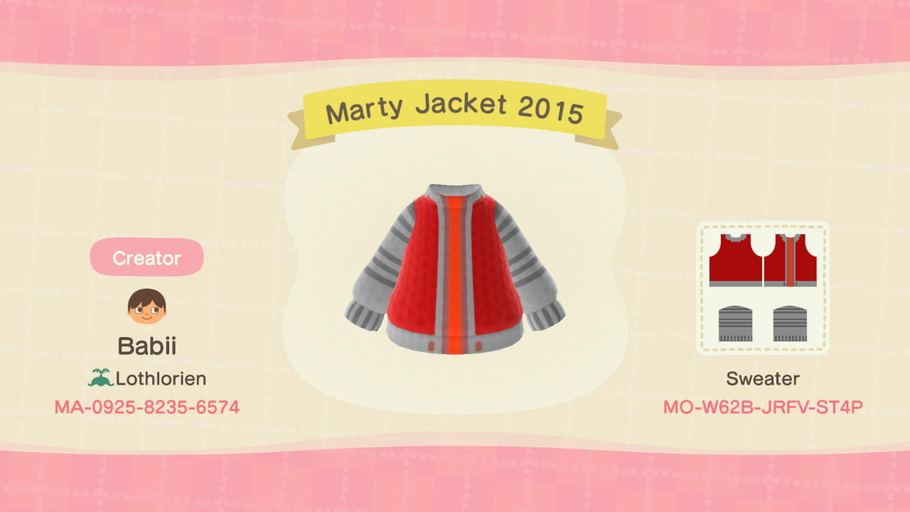 Animal Crossing Design Code: MO-W62B-JRFV-ST4P Marty Jacket 2015