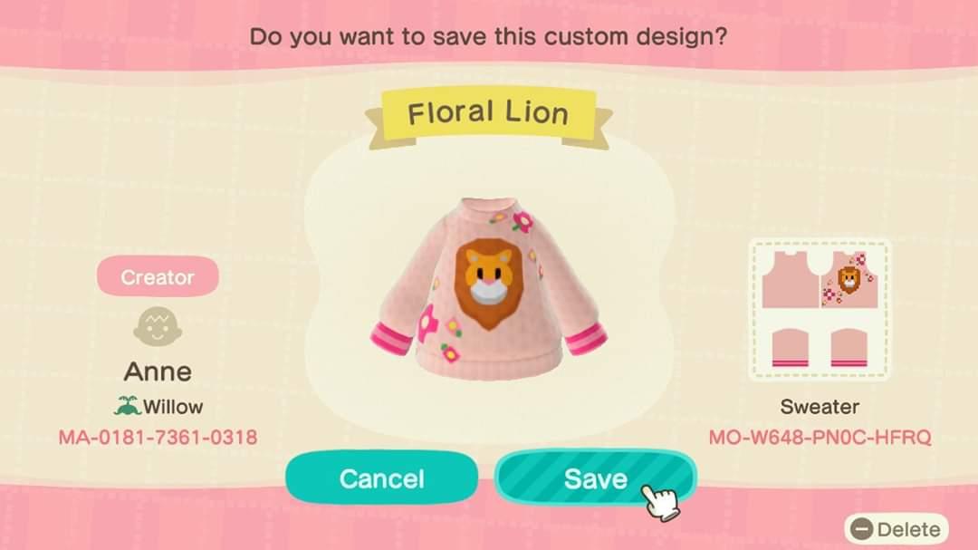 Animal Crossing Design Code: MO-W648-PN0C-HFRQ Floral Lion