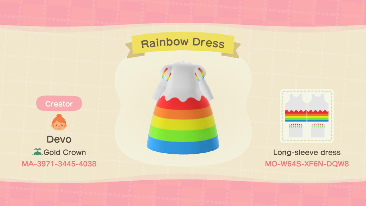 Animal Crossing Design Code: MO-W64S-XF6N-DQW8 Rainbow Dress