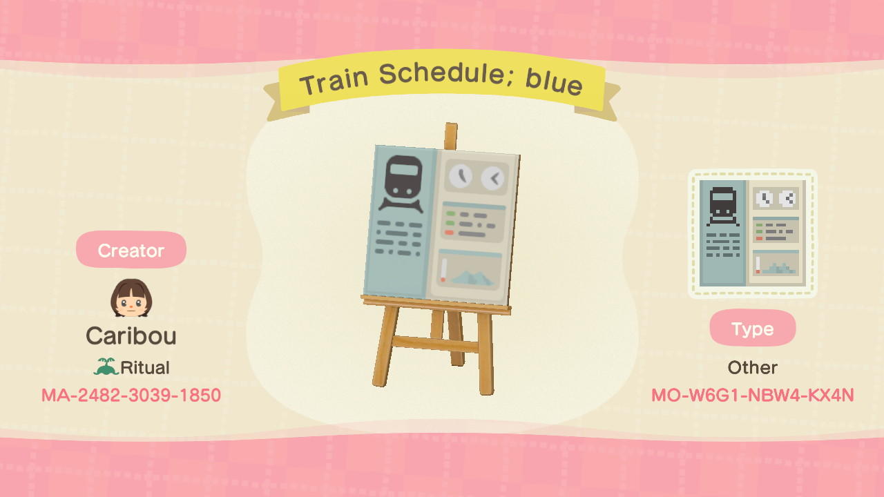 Animal Crossing Design Code: MO-W6G1-NBW4-KX4N Train schedule; blue