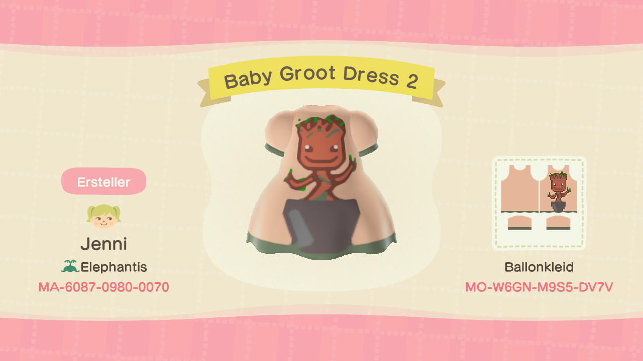 Animal Crossing Design Code: MO-W6GN-M9S5-DV7V Baby Groot Dress 2