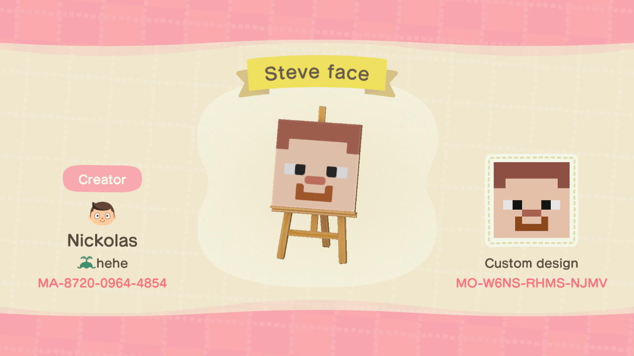Animal Crossing Design Code: MO-W6NS-RHMS-NJMV Steve Face