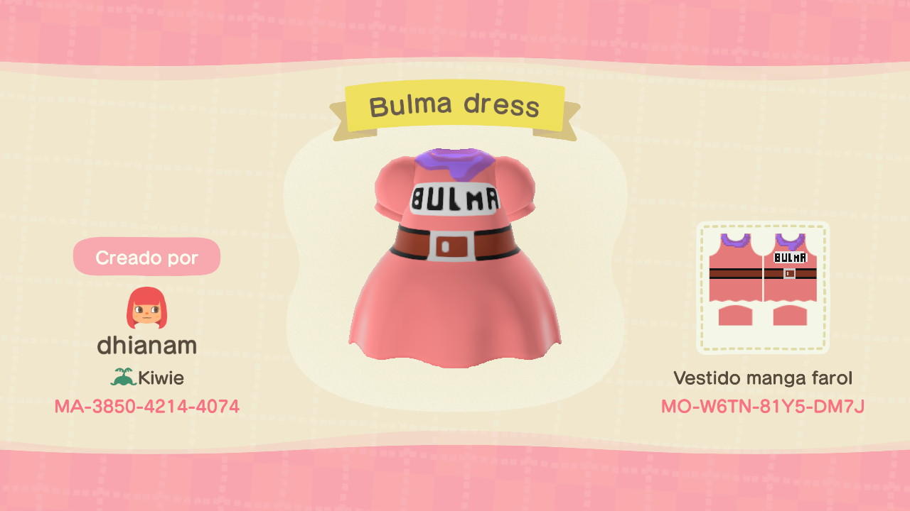 Animal Crossing Design Code: MO-W6TN-81Y5-DM7J Bulma Dress