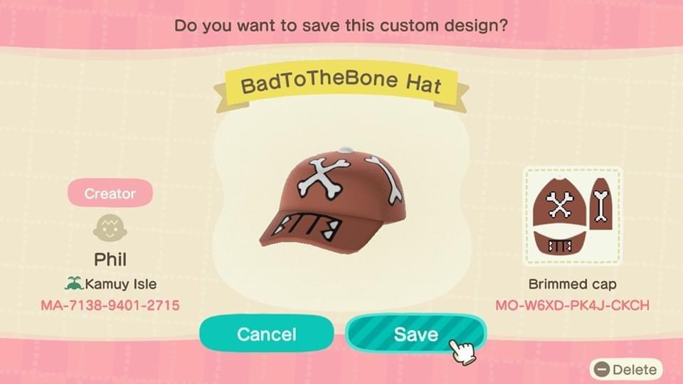 Animal Crossing Design Code: MO-W6XD-PK4J-CKCH BadToTheBone Hat