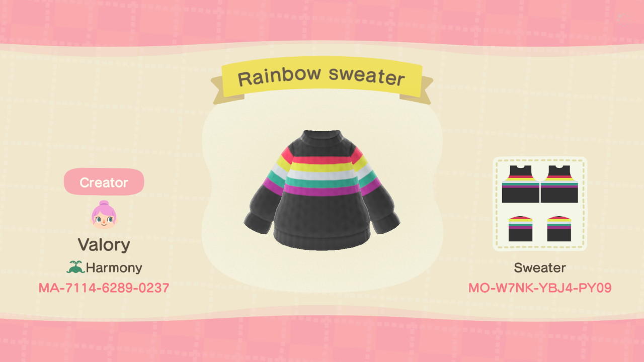 Animal Crossing Design Code: MO-W7NK-YBJ4-PY09 Rainbow Sweater