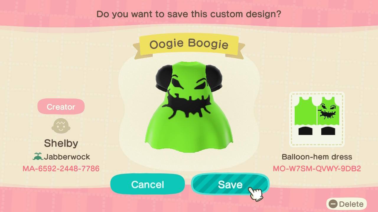 Animal Crossing Design Code: MO-W7SM-QVWY-9DB2 Oogie Boogie