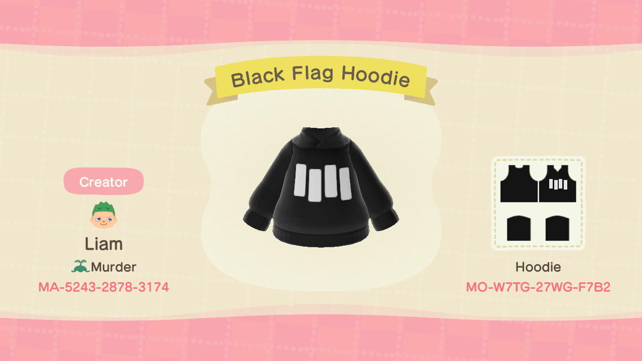 Animal Crossing Design Code: MO-W7TG-27WG-F7B2 Black Flag Hoodie