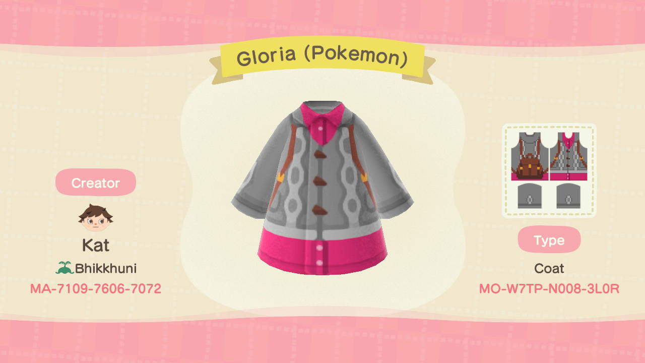 Animal Crossing Design Code: MO-W7TP-N008-3L0R Gloria (Pokemon)