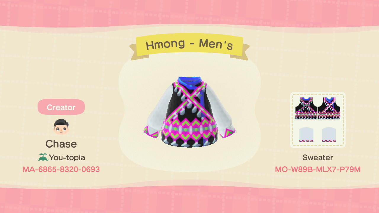 Animal Crossing Design Code: MO-W89B-MLX7-P79M Hmong - Men’s