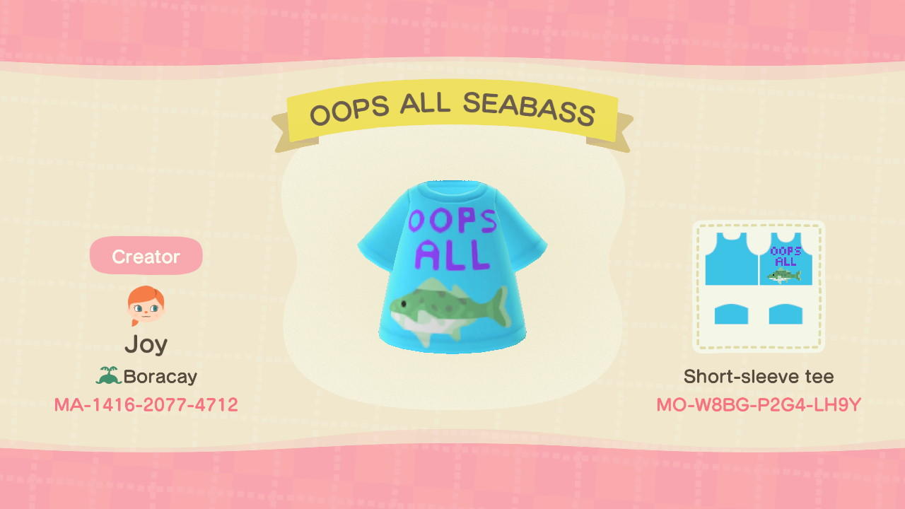 Animal Crossing Design Code: MO-W8BG-P2G4-LH9Y OOPS ALL SEABASS