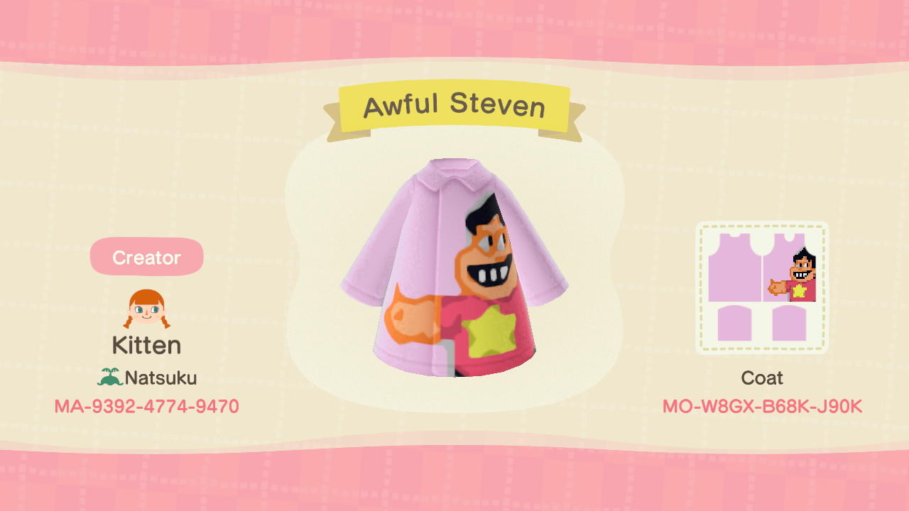 Animal Crossing Design Code: MO-W8GX-B68K-J90K Awful Steven