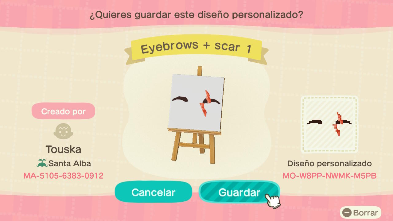 Animal Crossing Design Code: MO-W8PP-NWMK-M5PB Eyebrows + sacar 1