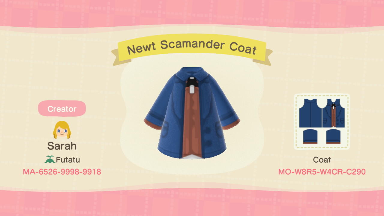Animal Crossing Design Code: MO-W8R5-W4CR-C290 Newt Scamander Coat