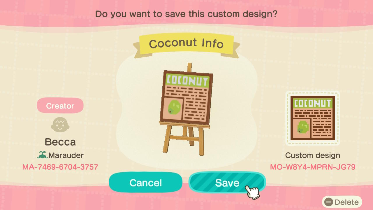 Animal Crossing Design Code: MO-W8Y4-MPRN-JG79 Coconut Info