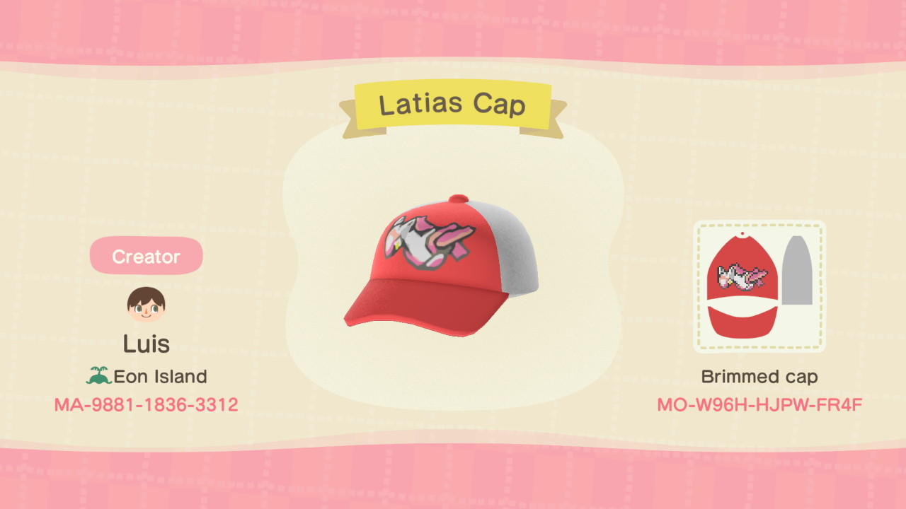 Animal Crossing Design Code: MO-W96H-HJPW-FR4F Latias Cap
