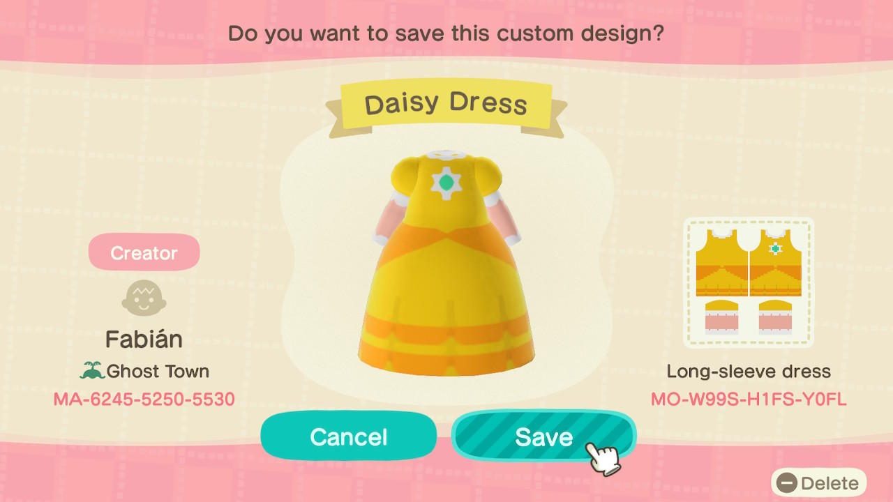 Animal Crossing Design Code: MO-W99S-H1FS-Y0FL Daisy Dress