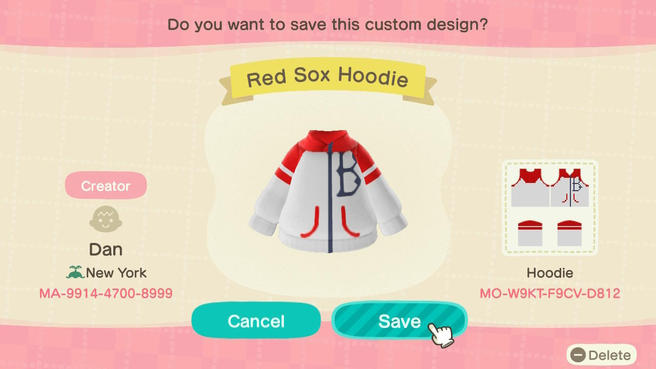 Animal Crossing Design Code: MO-W9KT-F9CV-D812 Red Sox Hoodie