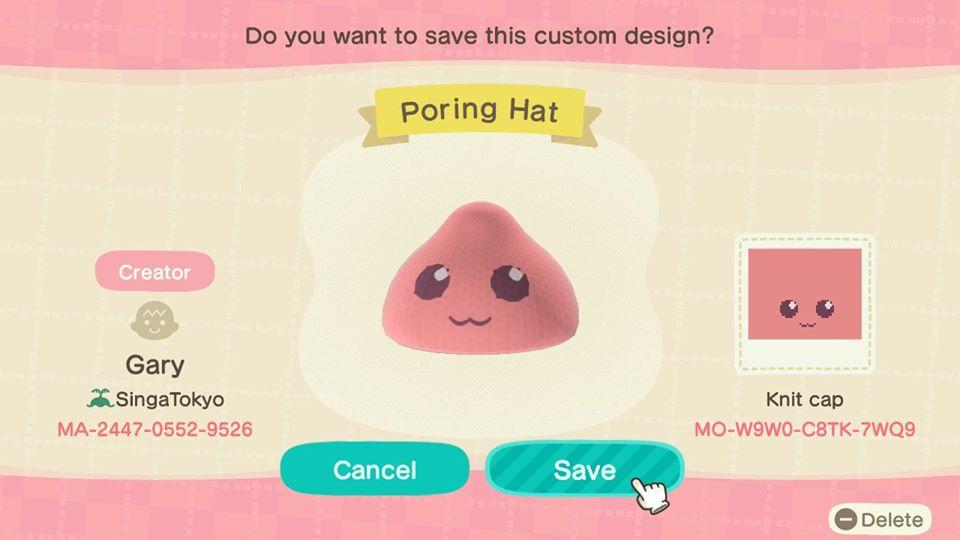 Animal Crossing Design Code: MO-W9W0-C8TK-7WQ9 Poring Hat