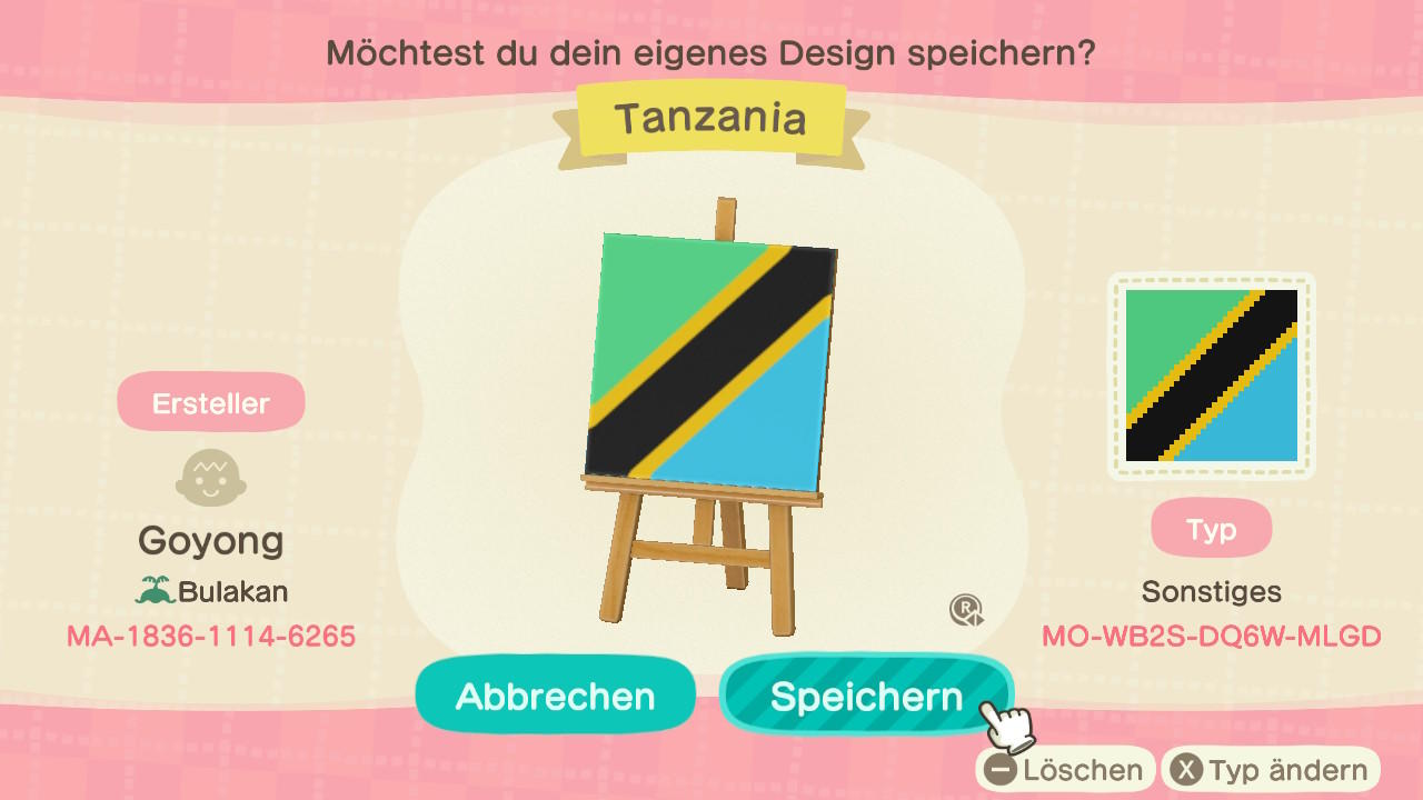 Animal Crossing Design Code: MO-WB2S-DQ6W-MLGD Tanzania