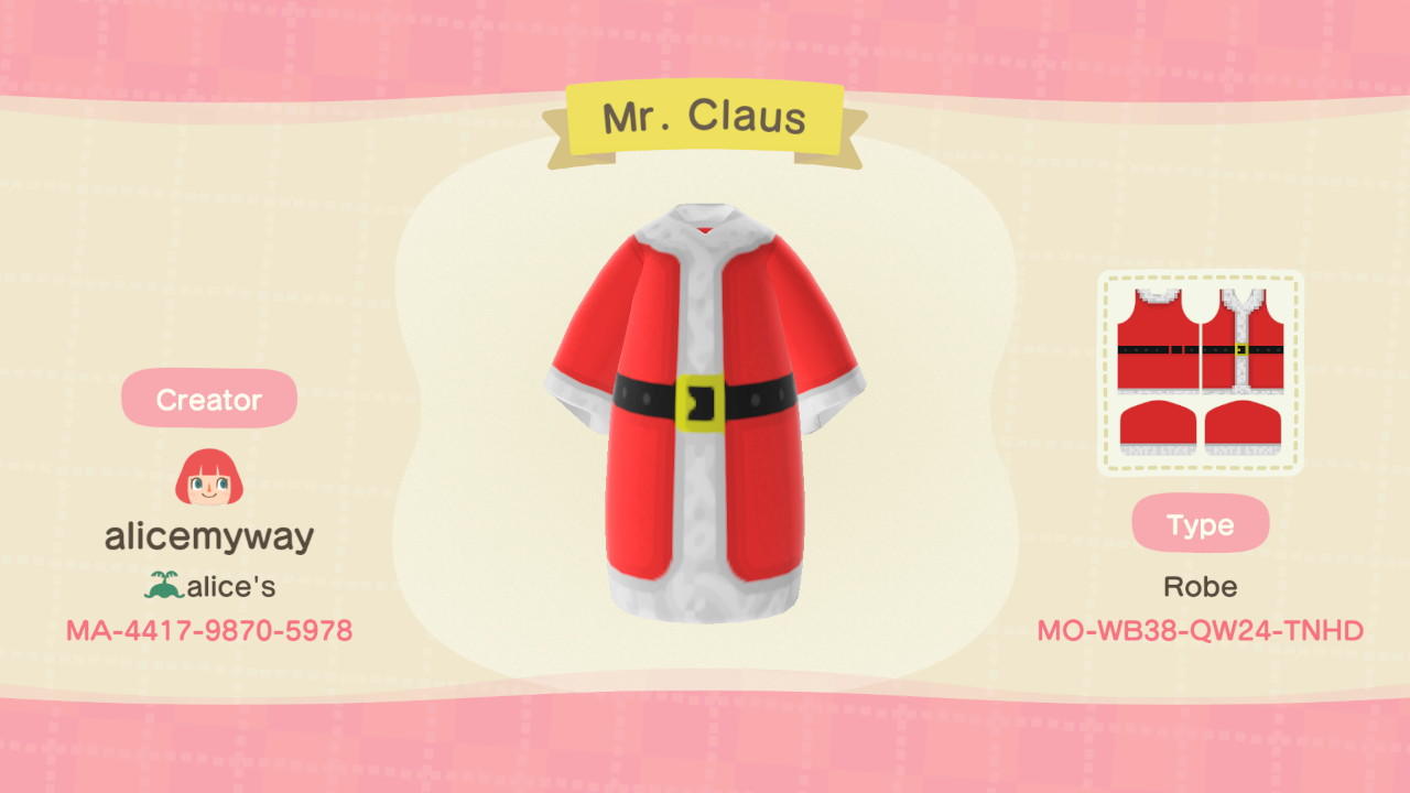 Animal Crossing Design Code: MO-WB38-QW24-TNHD Mr. Claus