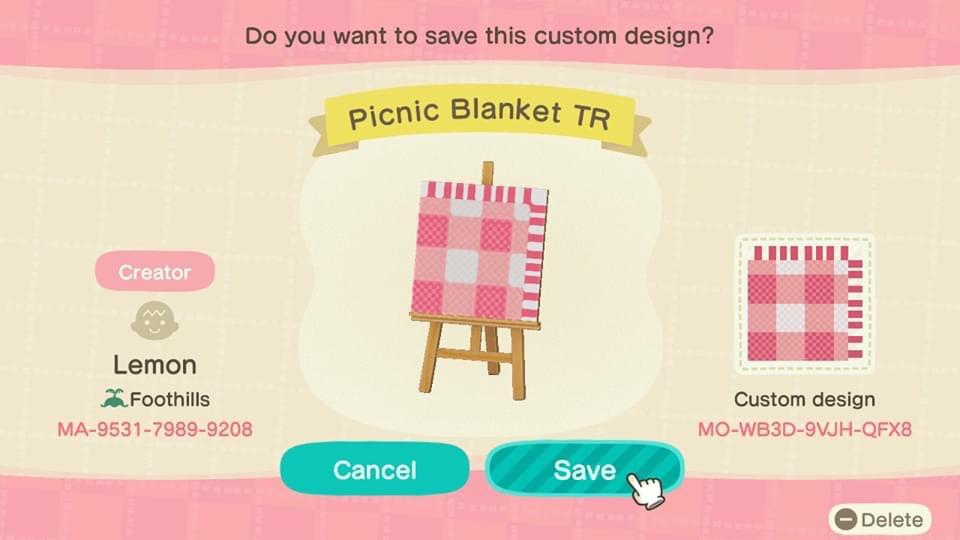 Animal Crossing Design Code: MO-WB3D-9VJH-QFX8 Picnic Blanket TR