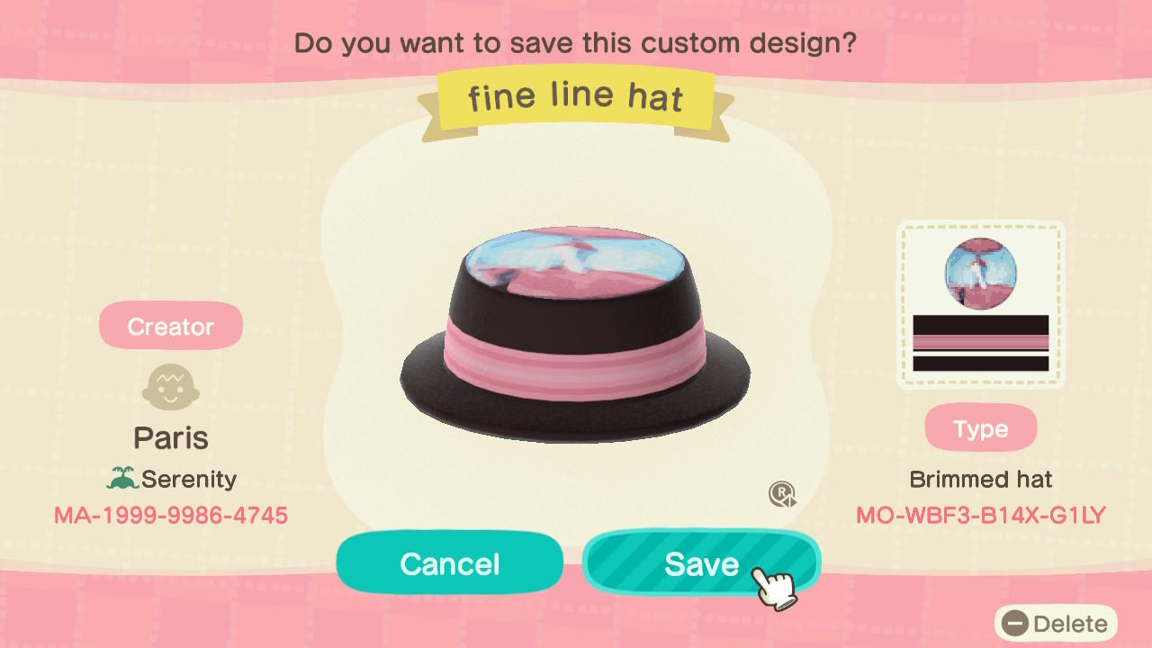 Animal Crossing Design Code: MO-WBF3-B14X-G1LY fine line hat