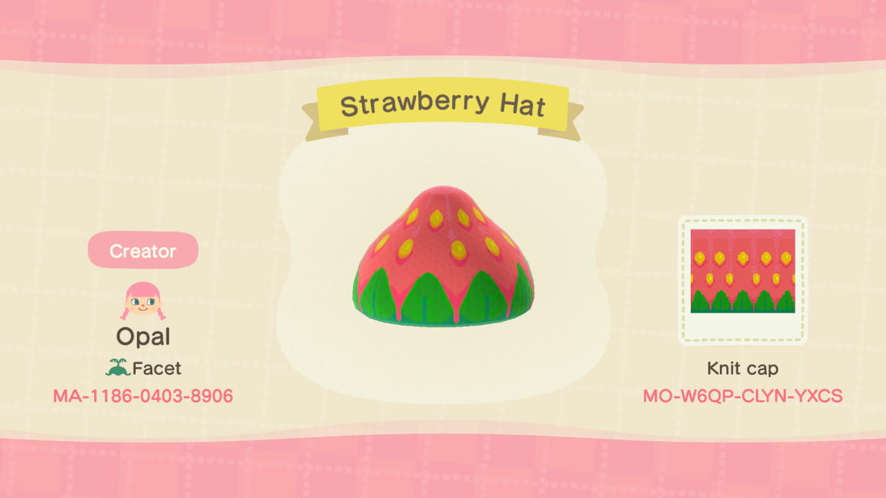 Animal Crossing Design Code: MO-WBQP-CLYN-YXCS Strawberry Hat
