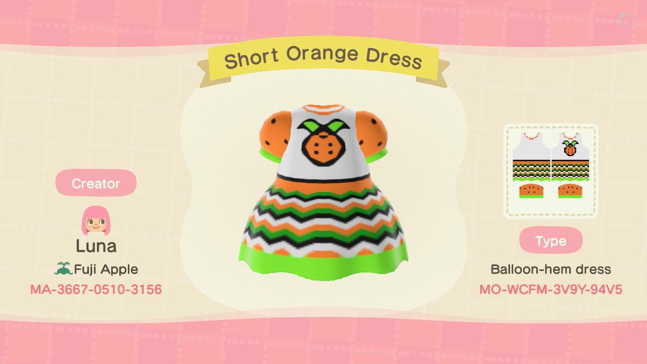 Animal Crossing Design Code: MO-WCFM-3V9Y-94V5 Short Orange Dress