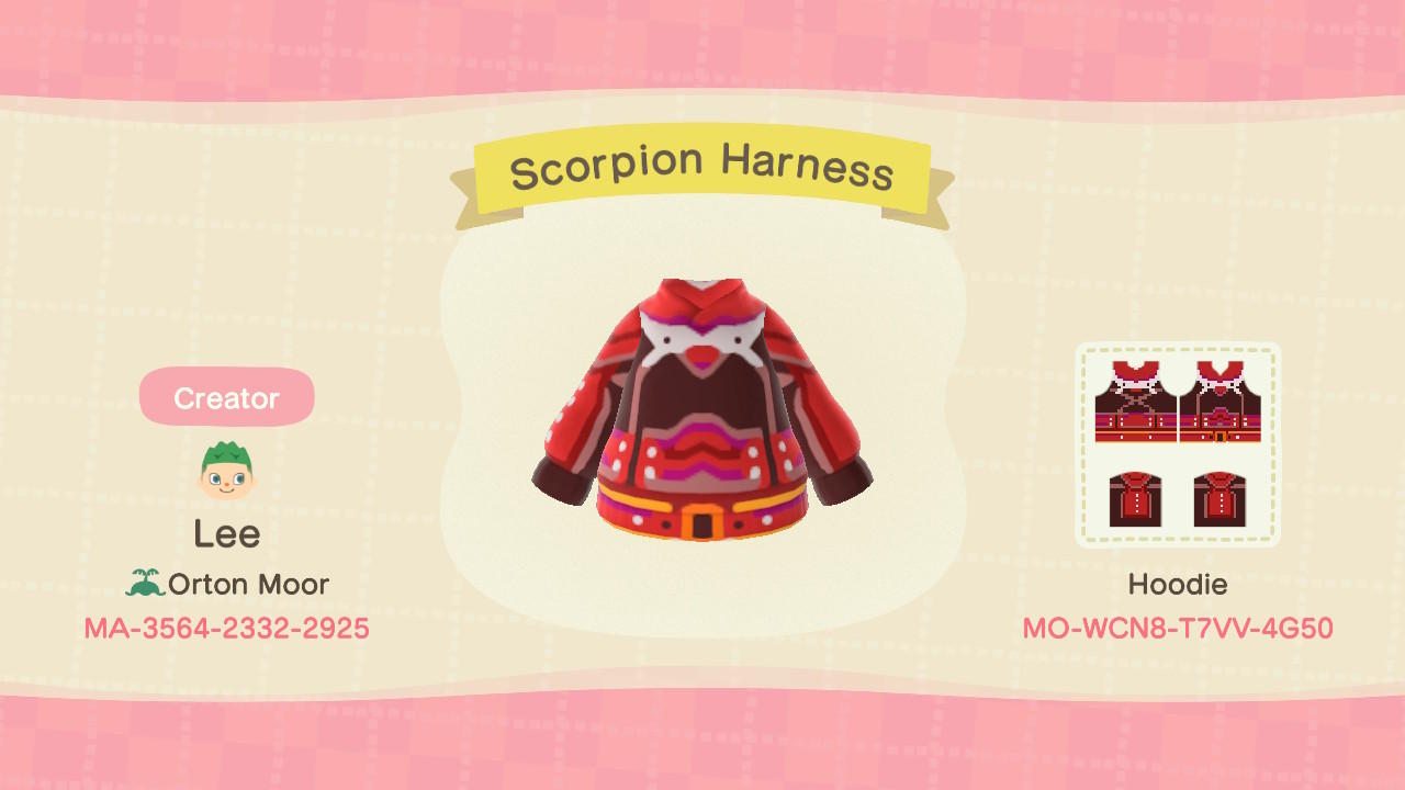 Animal Crossing Design Code: MO-WCN8-T7VV-4G50 Scorpion Harness