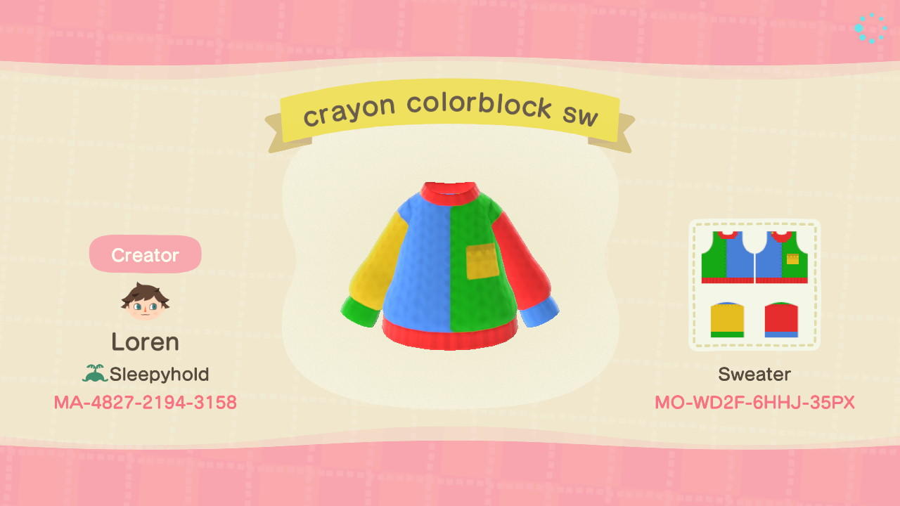 Animal Crossing Design Code: MO-WD2F-6HHJ-35PX crayon colorblock sw