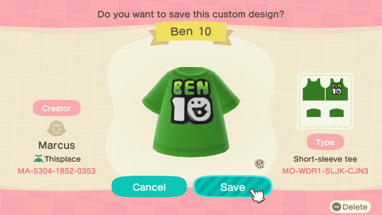 Animal Crossing Design Code: MO-WDR1-SLJK-CJN3 Ben 10
