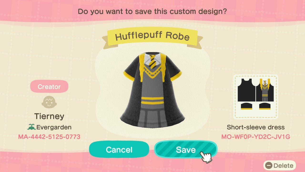 Animal Crossing Design Code: MO-WF0P-YD2C-JV1G Hufflepuff Robe
