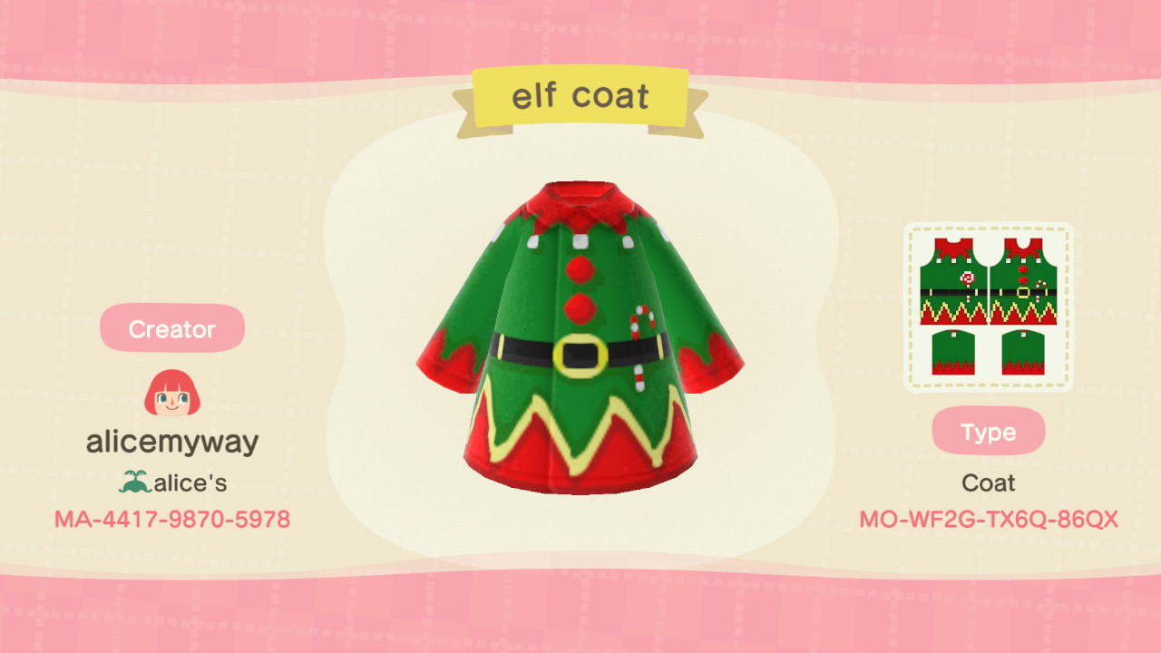 Animal Crossing Design Code: MO-WF2G-TX6Q-86QX Santa's elf coat