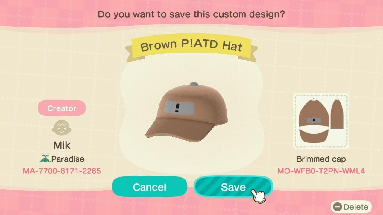 Animal Crossing Design Code: MO-WFB0-T2PN-WML4 Brown P!ATD Hat