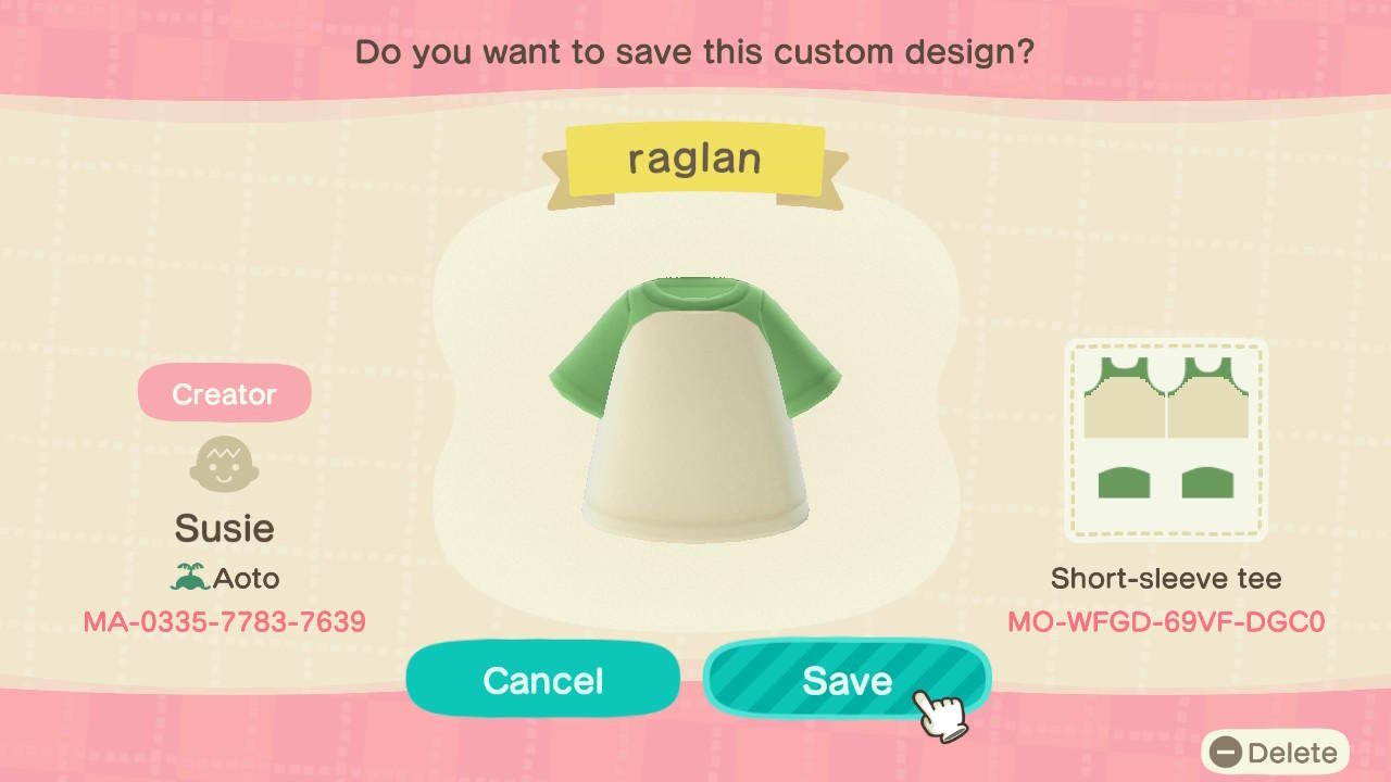 Animal Crossing Design Code: MO-WFGD-69VF-DGC0 Raglan