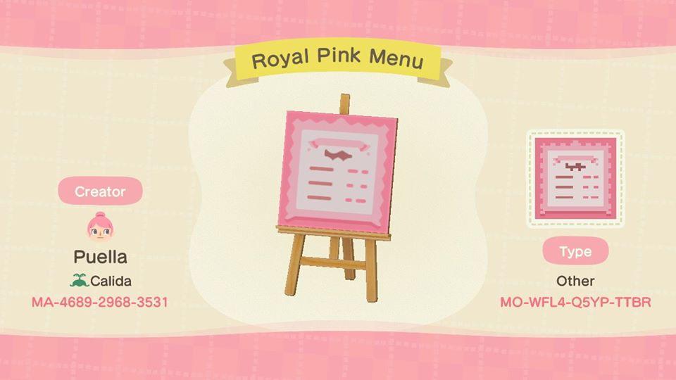 Animal Crossing Design Code: MO-WFL4-Q5YP-TTBR Royal Pink Menu