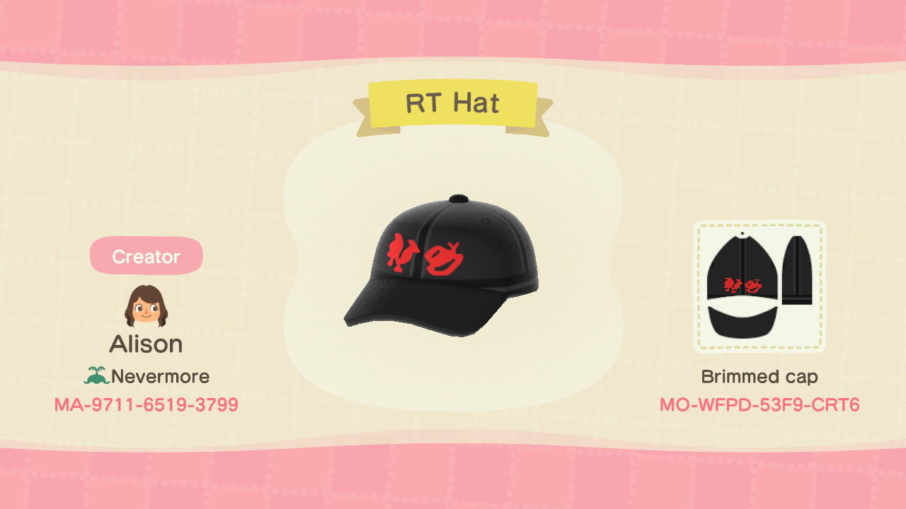 Animal Crossing Design Code: MO-WFPD-53F9-CRT6 RT Hat-Rooster Teeth