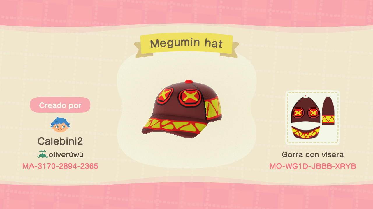Animal Crossing Design Code: MO-WG1D-JBBB-XRYB Megumin hat