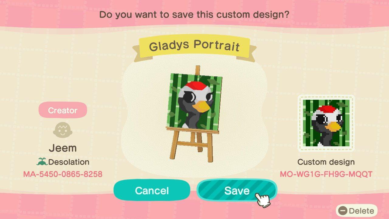 Animal Crossing Design Code: MO-WG1G-FH9G-MQQT Gladys Portrait
