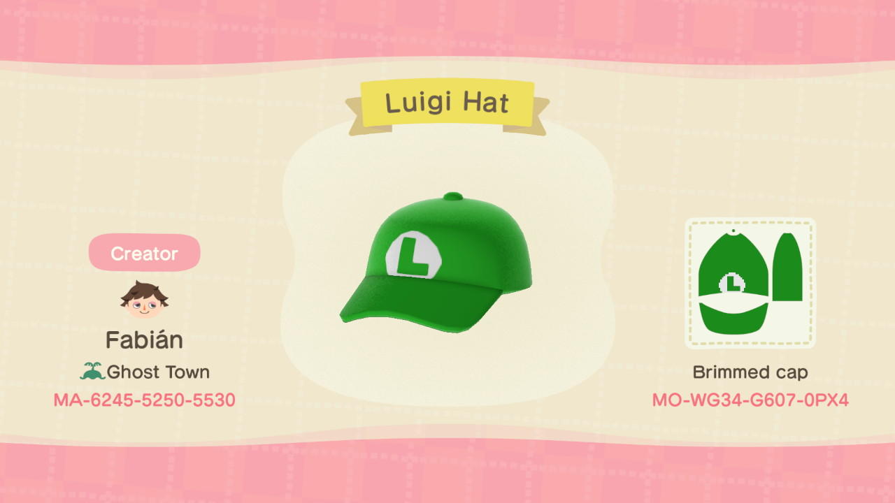Animal Crossing Design Code: MO-WG34-G607-0PX4 Luigi Hat