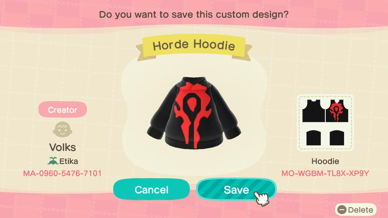 Animal Crossing Design Code: MO-WGBM-TL8X-XP9Y Horde Hoodie (WoW)