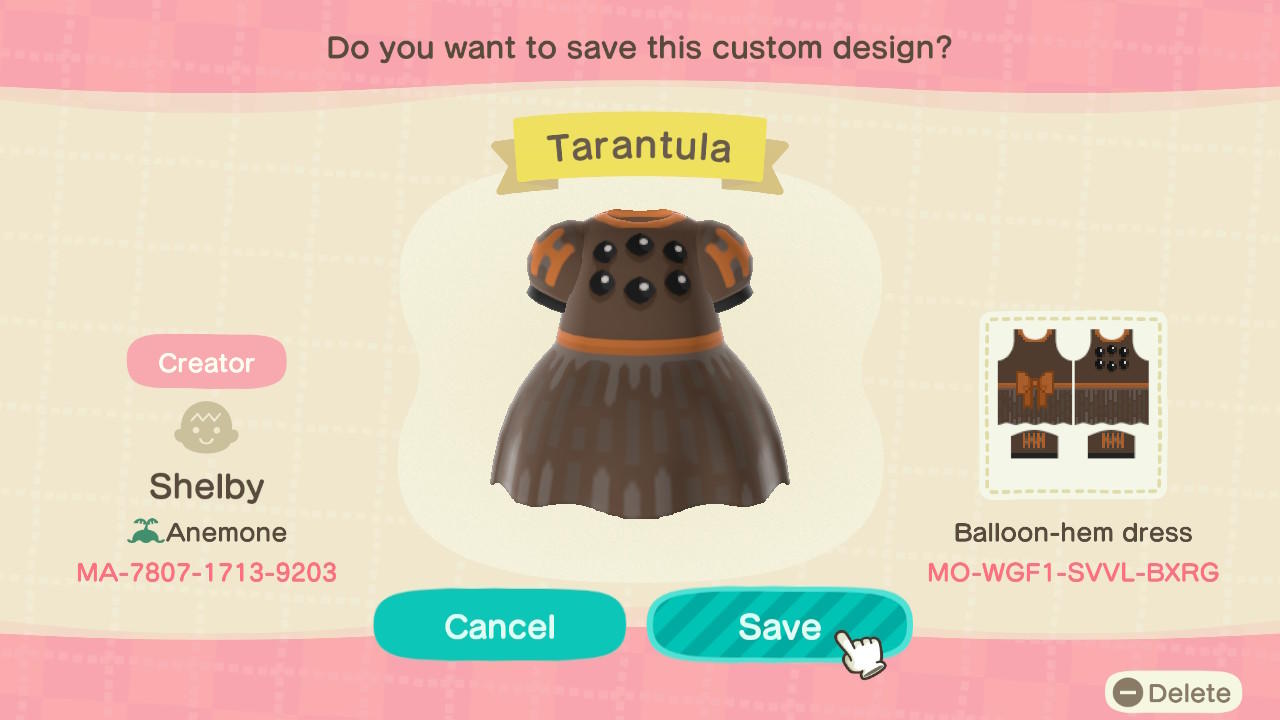 Animal Crossing Design Code: MO-WGF1-SVVL-BXRG Tarantula
