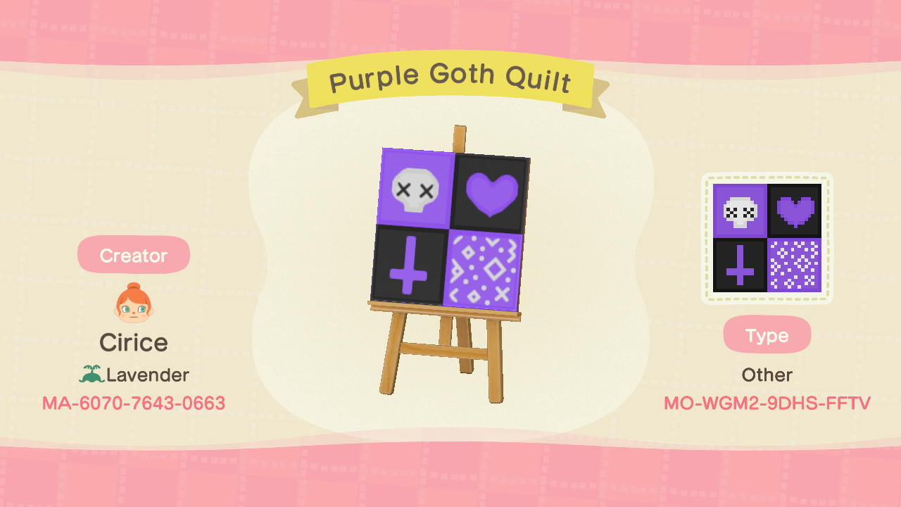 Animal Crossing Design Code: MO-WGM2-9DHS-FFTV Purple Goth Quilt